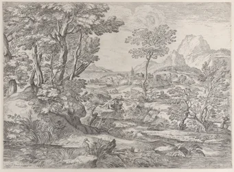 Drie jongens in een landschap met een stad op de achtergrond, 1626-80