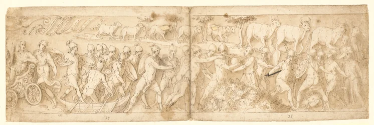 Barbaarse vluchtelingen en hun dieren worden uit hun schuilplaats gehaald; linksboven het einde van een cartouche met een scroll
