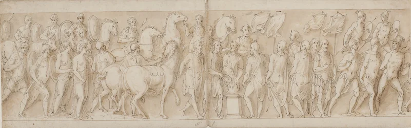 Gevangen vrouwen worden weggevoerd; parade van de lijfwachten; Marcus Aurelius offert bij een altaar; Marcus Aurelius kijkt naar een aanval