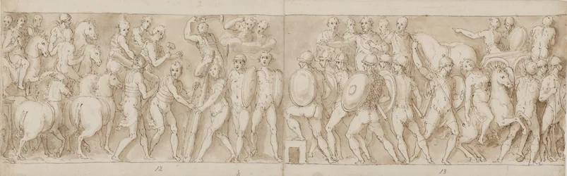 Einde van een mars door de keizer met zijn legionairs en bewakers (einde van XCIII); de Romeinen bouwen een kamp (begin van XCIV); de Romeinen op mars met de keizer (XXXV / XXXVI)