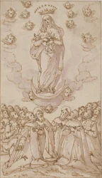 Madonna en Kind op een halve maan verschijnen aan een groep heiligen, priesters en leken