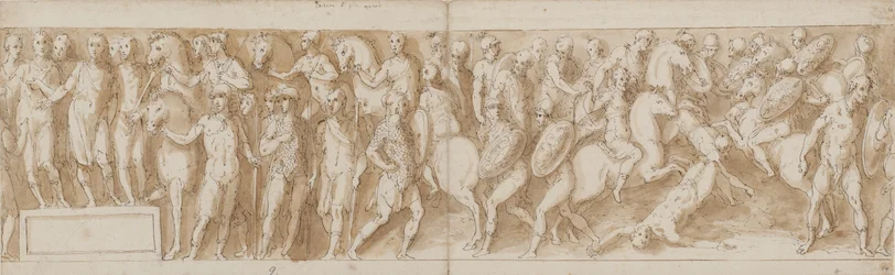 Marcus Aurelius ontvangt een rapport over de gevangenneming van de vrouwen (LXXXVI); Marcus Aurelius arriveert van een mars (LXXXVII); een Germaanse leider wordt weggevoerd (LXXXVIII); de laatste mannen van de leider vallen (van een brug die Guerra niet he