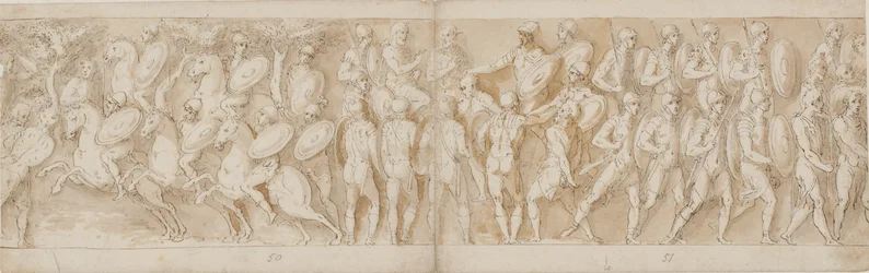Romeinse cavalerie; een afgehakt hoofd en een Duitse gevangene worden voor de keizer gebracht; Romeinen in opmars