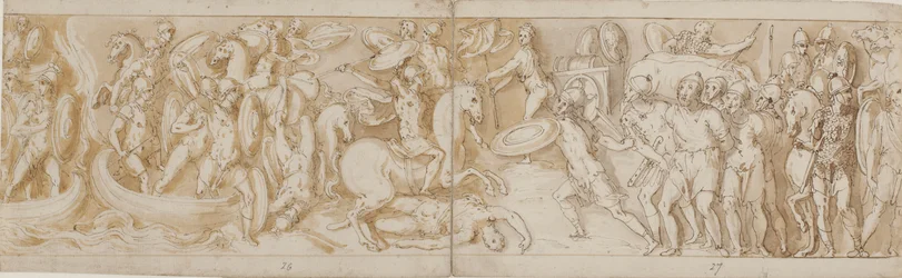Romeinse soldaten steken een rivier over in boten (grotendeels restauratie; XXXIV)2; een vechtende Romeinse soldaat (van het einde van XXIV); Romeinse bewakers brengen barbaarse gevangenen voor de keizer (weggelaten in de tekening; einde van XXV); begin va