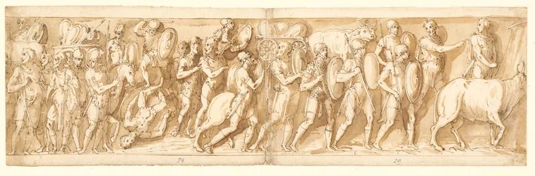 Romeinen op mars (XXXVI); Marcus Aurelius, Pompeius en een bediende kijken naar de mars (XXXVII); een pauze tijdens de mars (XXXVIII)