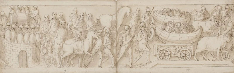 De belegerde Romeinen ontvangen versterkingen van de andere kant, de Romeinen op mars met de keizer; schilden in boten worden over een brug getrokken op ossenwagens