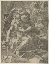 Diogenes zittend met zijn vat achter zich, en een boek lezend terwijl hij een stok vasthoudt