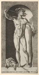 Blad 14: Mercurius staande in een nis spelend op zijn pijpen, met het afgehakte hoofd van een oude man, 1526