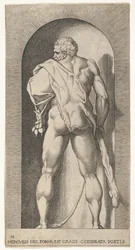 Plaat 15: Hercules staand in een nis, gekleed in een leeuwenhuid en een knots vasthoudend, gezien van...