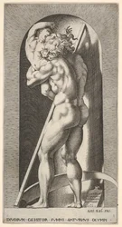 Saturnus in een nis die zijn zoon verslindt, staand voor een zeis, uit een serie