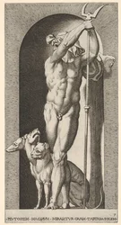 Pluto in een nis, met een tweetand, met Cerberus naast hem, uit een serie van m..., 1526