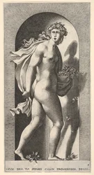 Proserpina, staand in een nis, naar rechts draaiend terwijl ze een mantel vasthoudt