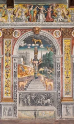 Het astrologische teken Leeuw met Diana, twee herten en een sater zoals op een sarcofaag in Bleinhaim Paleis; op de achtergrond de Arco degli Argentari in Rome en Hercules die vecht tegen de Nemeïsche leeuw, Kamer van de Dierenriem