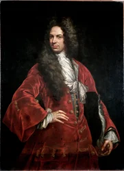 Portret van een heer in rood kostuum