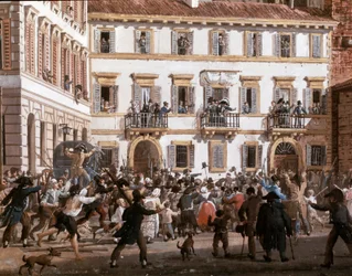 Generaal Domenico Pino spreekt opstandelingen toe op het Teatro dei Filodrammatici-plein in Milaan op 20/04/1811