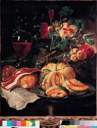 Stilleven Pompoen, spek, ham, perziken en wijn. Schilderij door Giovan Paolo Castelli, genaamd Lo Spadino (1659-1730) 1703 Rome, Museum van de Conservatori capitolini