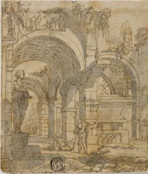 Romeinse ruïnes en twee figuren