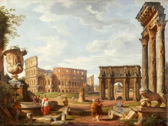Een capriccio-gezicht op Rome, 1743