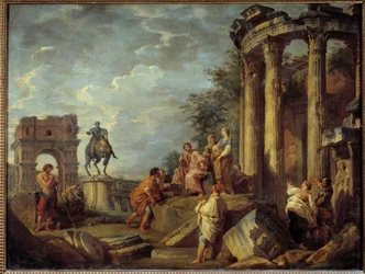 Architectonische ruïnes met de boog van Janus, de tempel van Vesta en het standbeeld van Marcus Aurelius