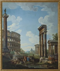 Een capriccio met figuren in Romeinse ruïnes