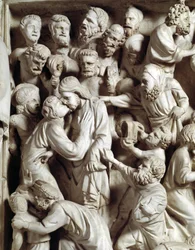 Detail van de reliëfs van de preekstoel, vervaardigd door Giovanni Pisano (1248-1314): de kus van Judas (detail van de reliëfs van de marmeren preekstoel, kus van Judas), 1302-1311. Kathedraal van Pisa (Duomo di Pisa), Italië