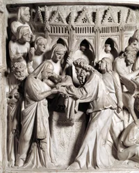 Detail van de reliëfs van de preekstoel gerealiseerd door Giovanni Pisano (1248-1314): de presentatie van Jezus in de tempel (Detail van de reliëfs van de marmeren preekstoel) 1302-1311 Kathedraal van Pisa (Duomo di Pisa), Italië