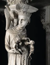 Detail van de gebeeldhouwde groepen die de stoel ondersteunen door Giovanni Pisano: de kerk voedt haar kinderen (detail)