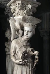 Detail van de gebeeldhouwde groepen die de stoel ondersteunen, gemaakt door Giovanni Pisano: de Kerk voedt haar kinderen (detail)