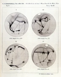 Observaties door Giovanni Virginio Schiaparelli (1835-1910) astrofysicus. Hij observeerde rechtlijnige configuraties op de planeet Mars, die hij de Martiaanse kanalen (canali) noemde. 1890