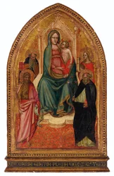 De tronende Madonna met kind met de heiligen Barbara, Dominicus, Johannes de Doper en Antonius Abt