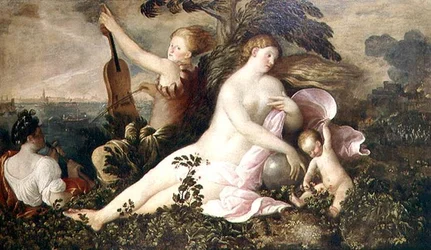 Allegorie van een Venetiaanse overwinning, de centrale figuur van Fortuna of Kans vergezeld door figuren die Natuur en Muziek symboliseren, c.1518