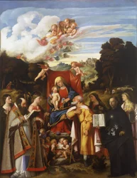 Madonna op de troon met engelen, St. Apollonia, St. Augustinus, St. Catharina, St. Jozef, St. Grata, St. Philip Benizzi en St. Barbara (St. Gotthard Altaarstuk)