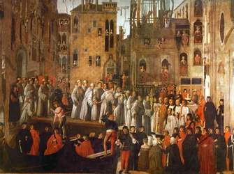 Mirakel van de relikwie van het Heilig Kruis in het Campo San Lio, Venetië (olieverf op doek)