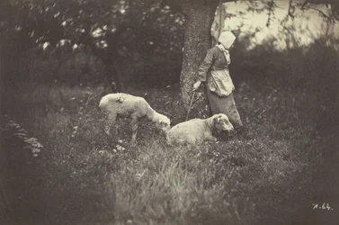Herderin Leunend Tegen een Boom, met Twee Schapen, 1870