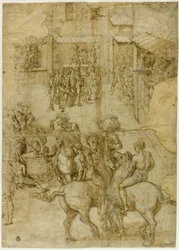 Mythologische optocht (recto); Onleesbare inscripties en anatomische studies van hoofd (verso)
