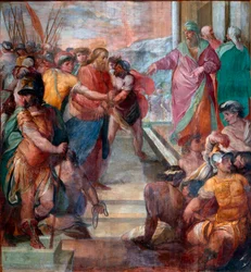 Christus wordt voor Caïphas geleid (detail) van een van de fresco