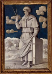 Portret ten voeten uit van Euclides (325-265 v.Chr.), Grieks wiskundige. Schilderij van Girolamo Mocetto (1458-1531), 1531, Parijs, Musée Jacquemart-André