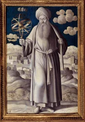 Portret ten voeten uit van Ptolemaeus, Claudius Ptolemaeus (90-168 n. Chr.), Grieks astronoom. Schilderij van Girolamo Mocetto (1458-1531), 1531, Parijs, Musée Jacquemart-André