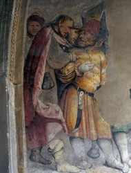 Twee mannen die met elkaar praten, (detail)