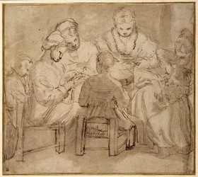 Vrouwen en meisjes zittend rond een tafel aan het naaien