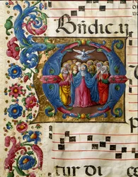 De duif van de Heilige Geest verschijnt aan de Maagd Maria en de apostelen