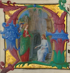Manuscript Verlichting met de Heilige Vrouwen bij het Graf in een Initiaal A...