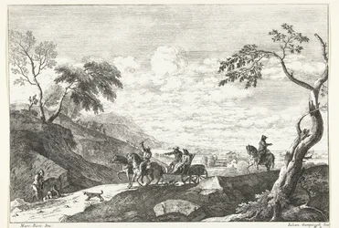 Heuvellandschap met twee mannen in rijtuig
