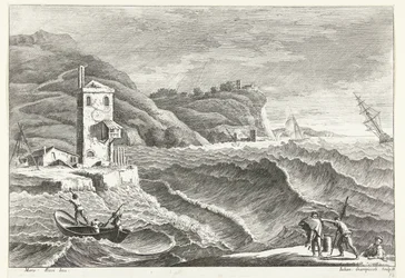 Kustlandschap met storm op zee en vuurbaken
