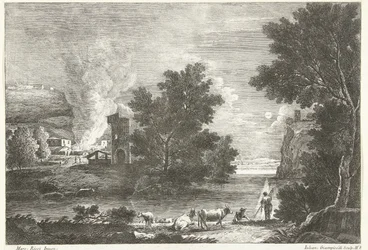 Landschap bij maanlicht met brand
