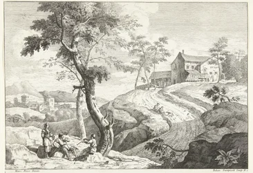 Landschap met fluitspelers bij boom