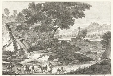 Landschap met herders en vee bij waterval