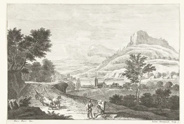 Landschap met ossenkar en begrafenis