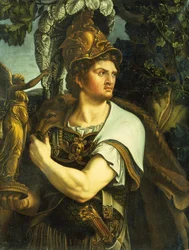 Portret van Alexander de Grote met een verguld standbeeld van de overwinning (olieverf op doek)