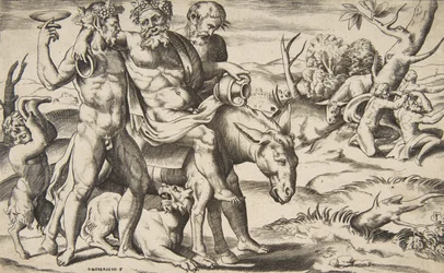 Een Dronken Silenus Rijdend op een Ezel Ondersteund door Satyrs